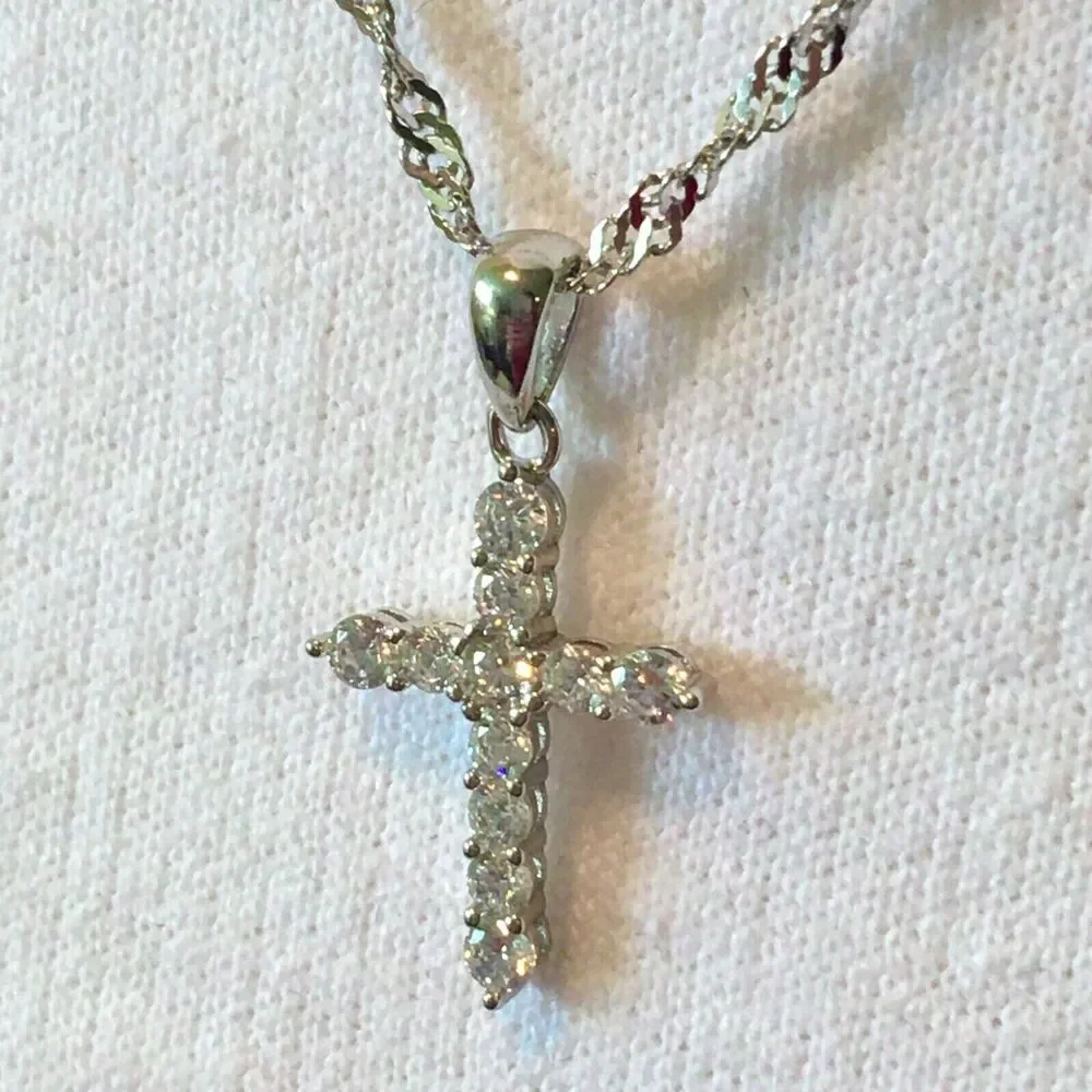 Cross Necklace Sterling Silver Cubic Zirconia Pendant 925 17in Twist Chain